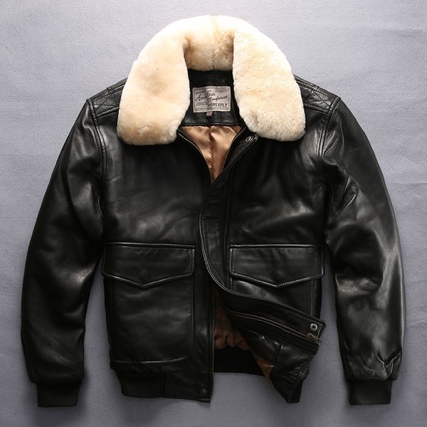 

men's leather faux avirex fly air force flight jacket fur collar genuine leather men black sheepskin coat winter bomber male 221124