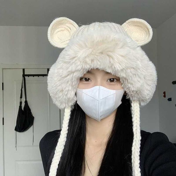 

cloches korean version sweet cute plush knitted lei feng hat children's warm autumn and winter ear protection wool double layer cold ha, Blue;gray