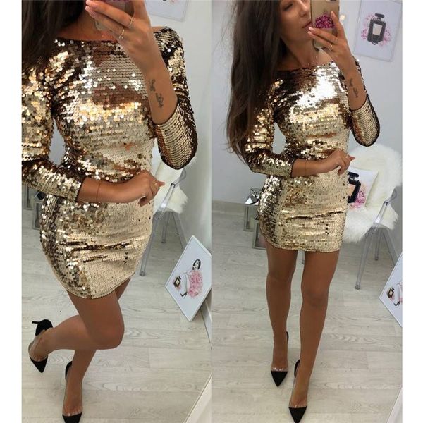 

casual dresses ladies formal evening party sequin club short vestidos autumn women golden sequins bodycon dress 221125, Black;gray