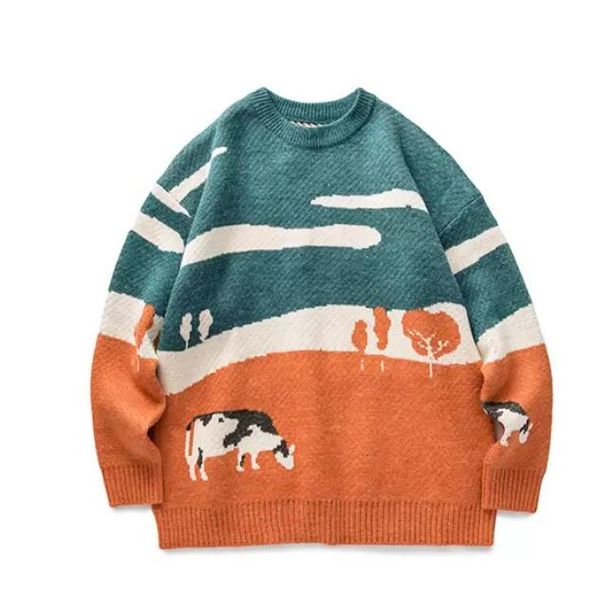 

2023 lappsteryouth men cows vintage winter sweaters pullover mens oneck korean fashions sweater women casual harajuku clothes 2208, White;black