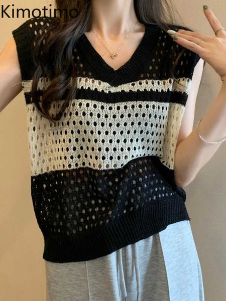 

women's sweaters kimotimo women striped hollow knit vests summer vhal overlap fashion vest french all match sleeveless short sweater in, White;black