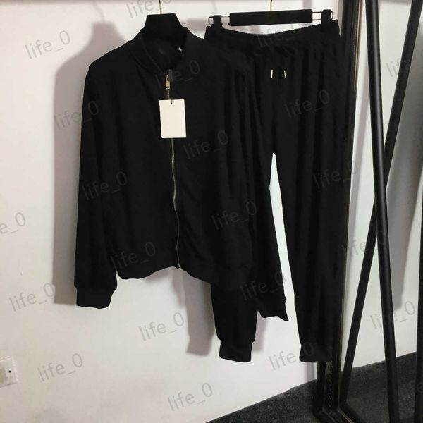 

fashion brand womens two piece pants set zip closure solid color hoodless sweatshirt binding feet elastic waist casual trousers designer wo, White