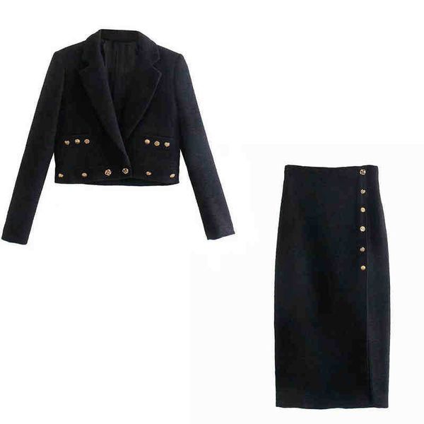 

xikom 2021 tweed women two piece set black vintage casual slim long sleeve blazer female high waist split skirt suits j220813, White;black