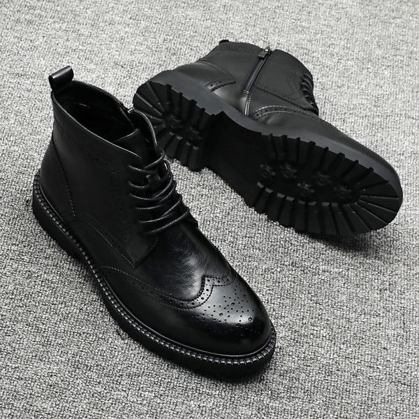 

boots men's fashion wedding party dresses bullock boots platform shoes brogue style ankle boot genuine leather botas hombre chaussures, Black