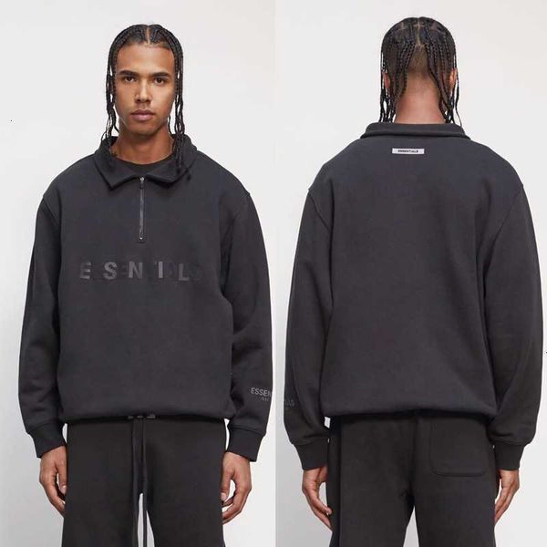 

hoodies hweatshirts fog feel of god double thread essentials letter half zipper high collar loose street plush sweater, Black