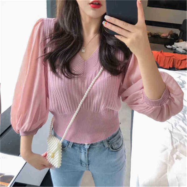 

women's sweaters puff pastry sleeve vhals loose sweater female solid color elastic 34 sleeves thin section knitted sweater women spring, White;black