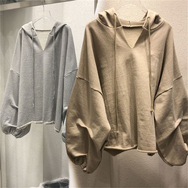 

women's hoodies sweatshirts lantern sleeve oversize v-neck solid color clothes autumn casual lady 221125, Black