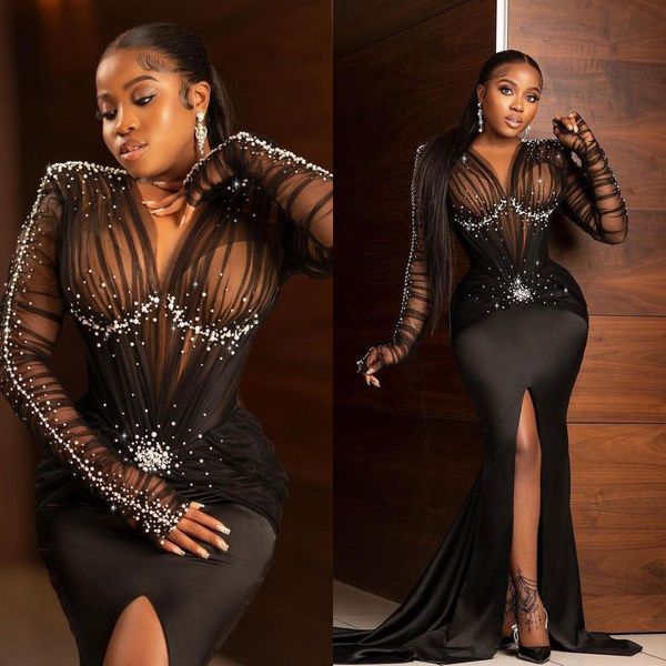 

luxury african beading mermaid prom dresses plus size black v neck front split illusion pearls long sleeve evening gown satin formal dresses, Black;red