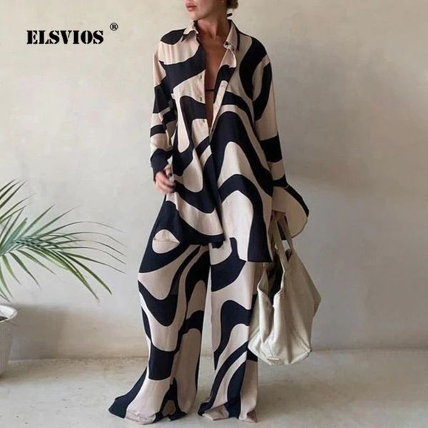 

women's two piece pants summer fashion printed loose long sleeves shirts straight suits streetwear winter elegant commuting 221125, White