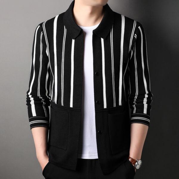 

men's sweaters high end quality vertical stripe knitted cardigan men's spring and autumn korean fashion youth lapel sweater coat 2, White;black