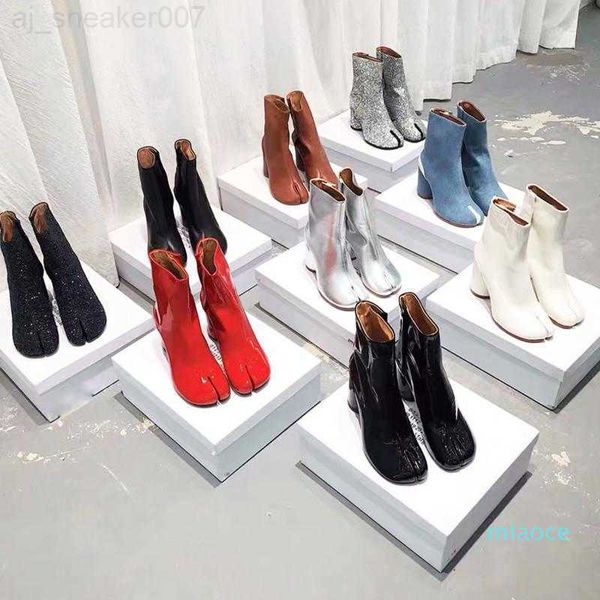 

designer boots 10 color 34-42 split toe leather ankle women round chunky high heels short shoes ninja tabi boot 5lq0, Black