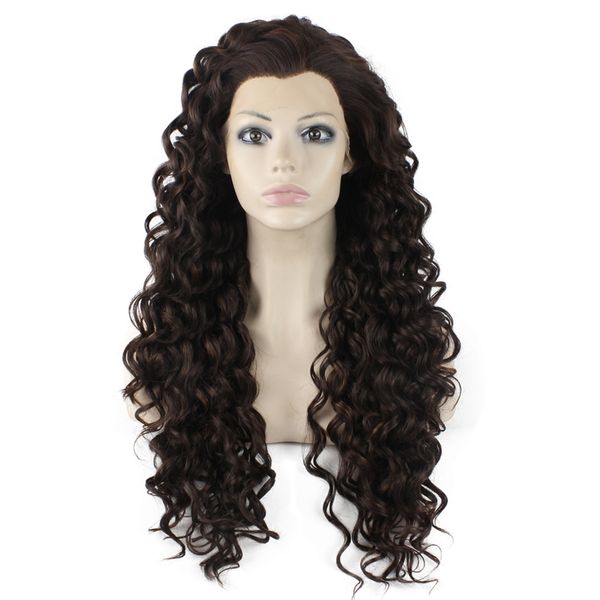 

extra long highlighted brown wig heat friendly lace front synthetic hair curly wig, Black