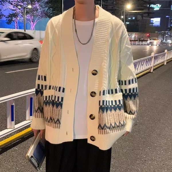 

men's sweaters autumn light luxury fashion cardigan sweater men korean version trend allmatch casual jacket hong kong style loose 22112, White;black