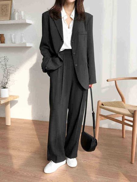 

office lady blazer suits korean style two piece set women suit jacket wide leg pants ol ensemble femme 2 piece outfits elegant j220813, White;black
