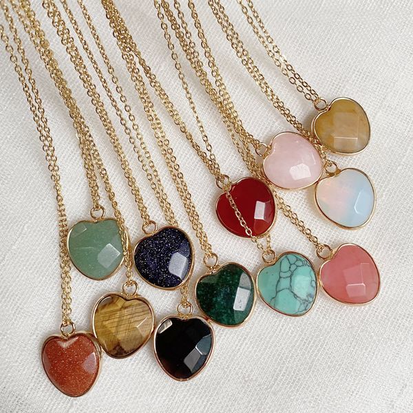 

natural crystal stone heart pendant necklace gometric charm turquoise opal pink quartz amethyst obsidian crystal necklaces for women, Silver