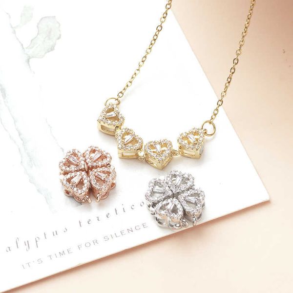 

pendant necklaces neckchain accessories women's new ins style four leaf clover petal necklace full diamond hollow love chain jewelry, Silver