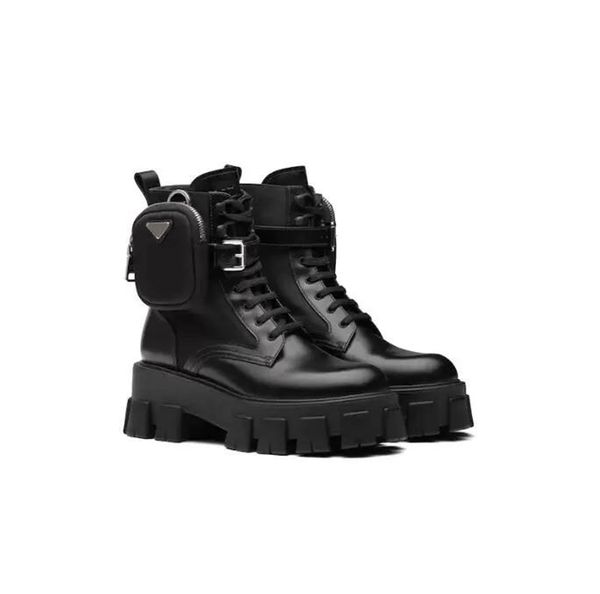 

nylon combat boots shoes new season woman brushed rois leather military-inspired leather removable pouch strap, Black