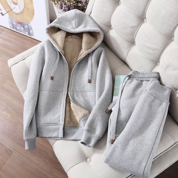 

women s two piece pants winter thick fleece solid hoodies sets women long sleeve casual clothes autumn warm female hooded sweatshirt matchin, White