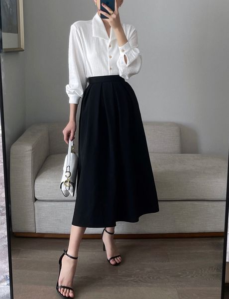

two piece dress fashionable two-piece women's new mid length skirt high waist slim a-shaped umbrella lapel simple long sleeve white shi