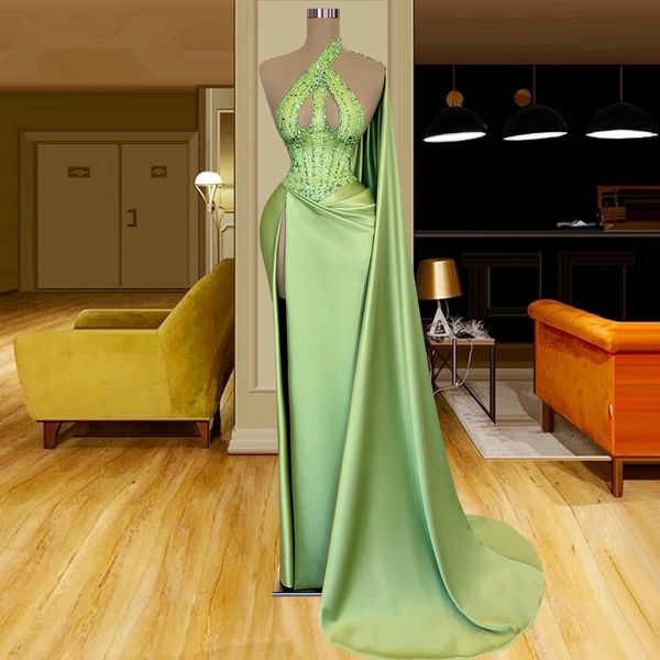 

graceful satin mermaid prom dresses beaded with cap sleeve party dresses high split custom made evening dress, Black;red