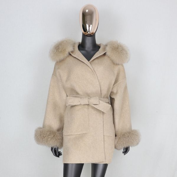 

women's wool blends furbelieve real fur coat winter jacket women 100% natural collar cuffs cashmere oversize outerwear 221125, Black