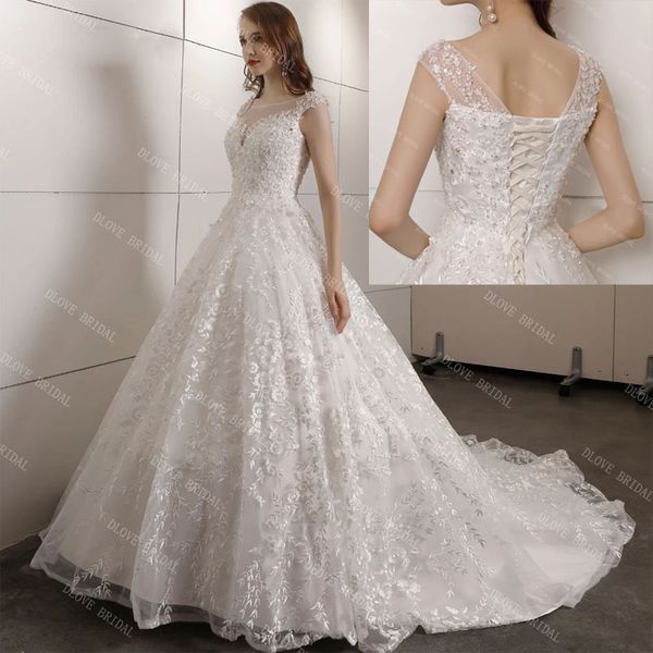 

vintage lace wedding dress appliques beaded o neckline princess bridal gowns 2022 custom made, White