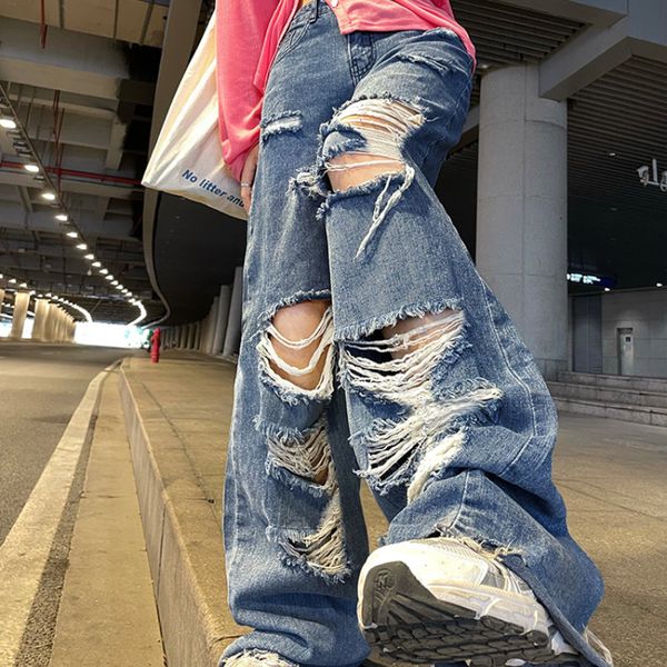 

women's jeans streetwear straight pants ladies ripped jeans high waist loose wide leg pants ladies jeans y2k summer plus size high stre, Blue