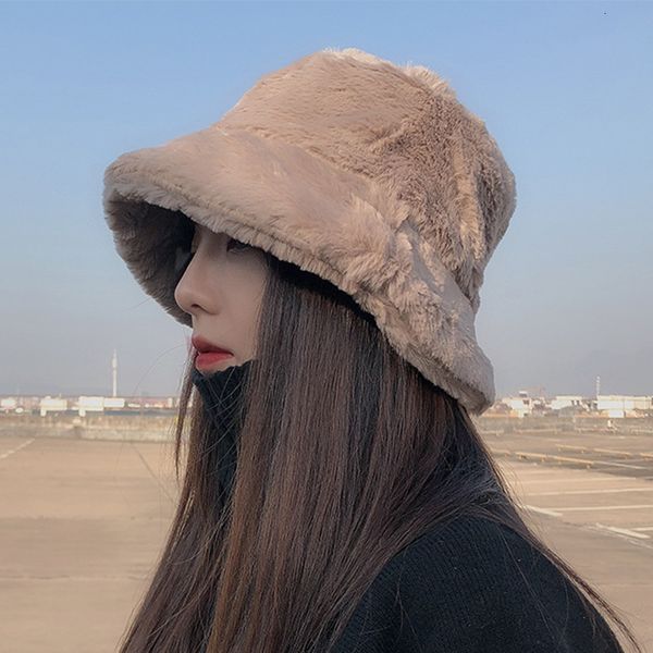 

wide brim hats bucket winter plush for women outdoor thick warm panama cap solid leopard soft faux fur lady girls fisherman sun 221125, Blue;gray