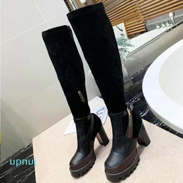 

new banded women letter canvas over-the-knee boot designer lady leather trim rubber sole thigh-high boots hvpag, Black