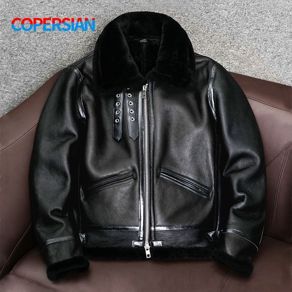 

men's leather faux genuine sheepskin jacket mens plus size real thick natural warm coat 221124, Black