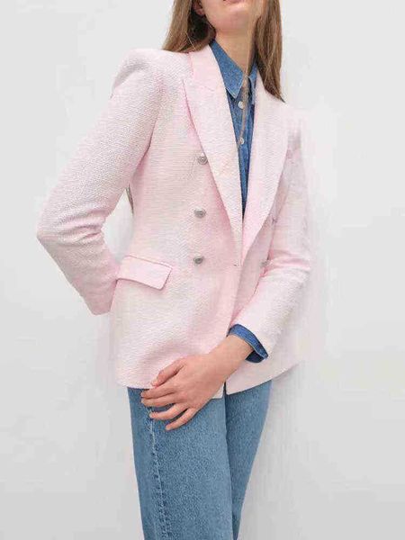

2022 summer new women clothing soft temperament simple lapels woven long sleeves breasted decorative slim jacket j220813, White;black
