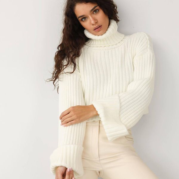 

women's sweaters autumn knitted turtleneck warm sweaters women winter blue casual loose flare sleeve female pullovers jumper longsleeve, White;black