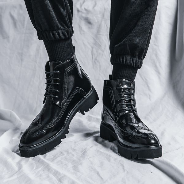 

boots brogue lace up men boots thick sole leather shoes men's shoes boots trendy shoes size 3844 221128, Black