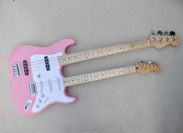 

pink 4 and 6 strings double neck electric guitar with maple fretboard
