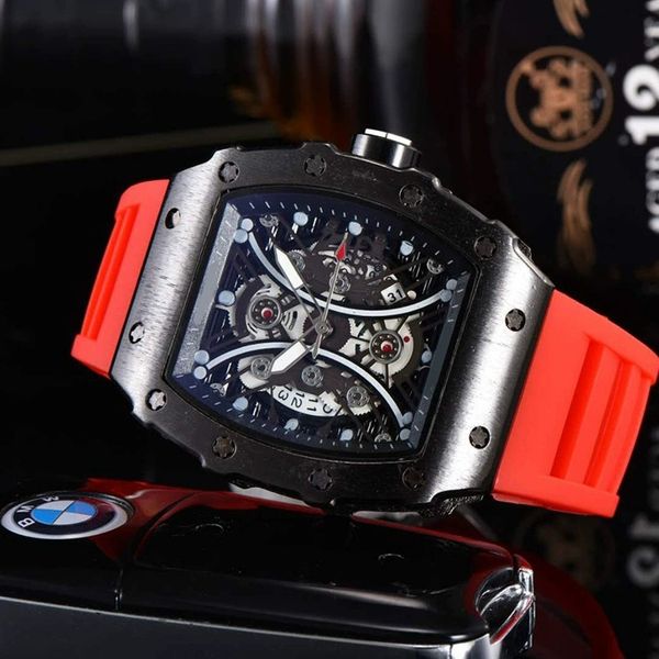 

quartz movement skeleton watch mens luxury designer vintage skull automatic calendar date men wristwatches fashion rubber silicone leisure w, Slivery;brown