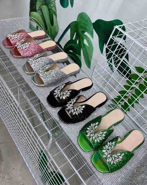 

women sandals leather slippers flat stylist slides beach sandal flip flops crystal buckle summer party wedding slipper, Black