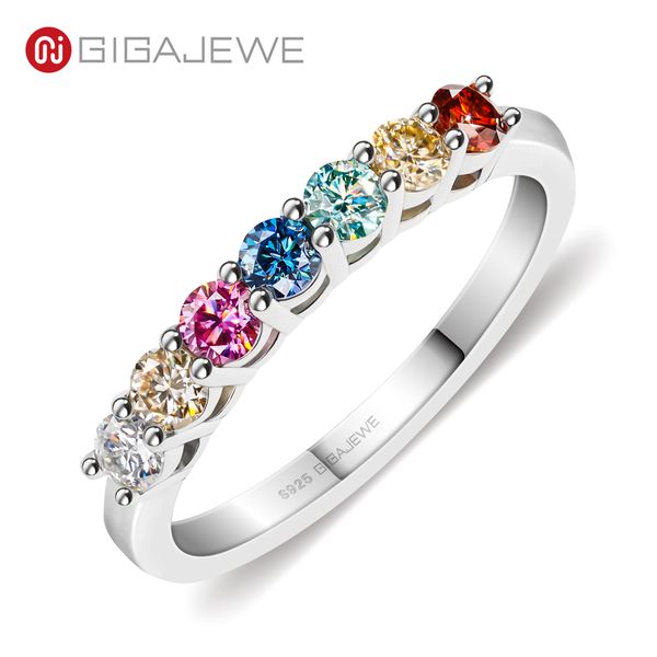 

gigajewe moissanite half band ring 3.0mm rainbow color round cut 925 silver diamond test passed woman girl gift gmsr-029, Slivery;golden