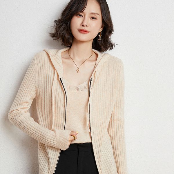 

women's knits tees autumn and winter women's knitted hoodie 100 wool vertical stripes zipper style allmatch sweater cardigan warm, White