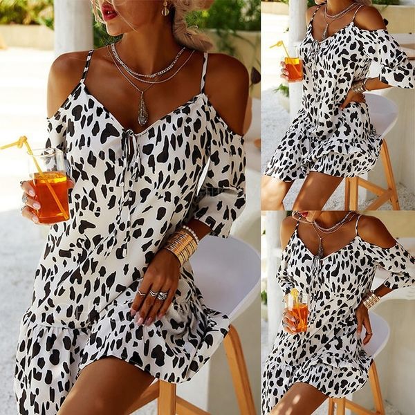 

casual dresses plus size summer ladies suspender leopard print mini skirt women sleeveless v neck puff sleeves casual street dress robe 2211, Black;gray