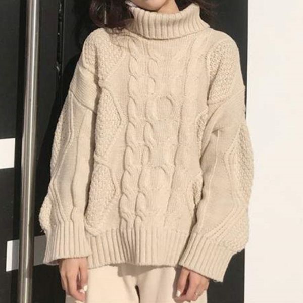 

women's sweaters lazy style knitwear long sleeve coat female fashion autumn winter style high neck twist solid color sweater for female, White;black