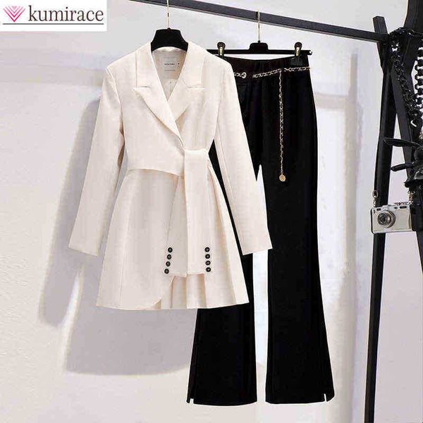 

spring new long sleeve pants lapels leisure suit elegant button belt decorative women jacket pants two piece set j220813, White;black