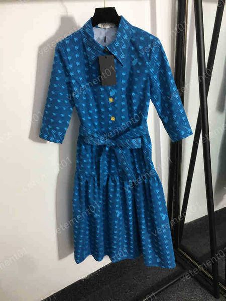 

designer dresses womens blue alphabet print nipped waist lapel short sleeve dress luxury women summer dresses for wedding party, Black;gray