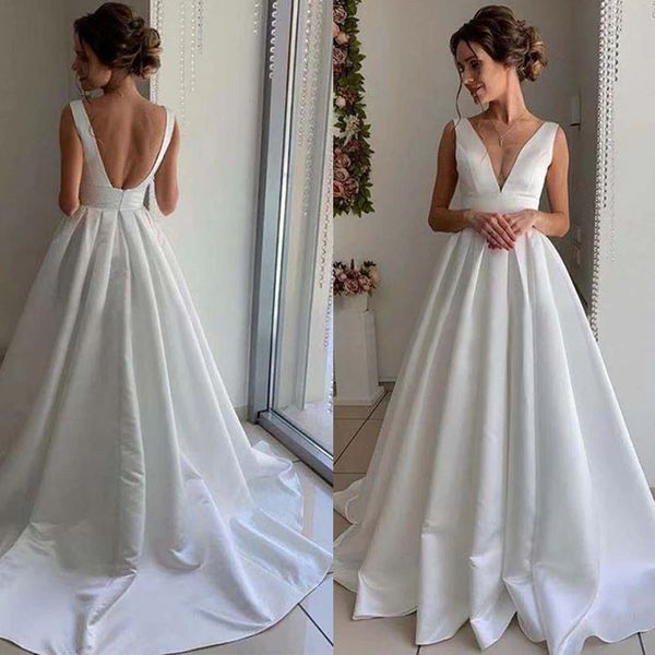 

wedding dress 2022 v neck backless simple bridal gowns for women vestido de novia, White