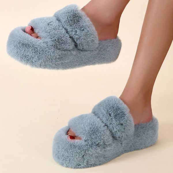 

slippers fashion women fluffy winter warm woman flat platform furry faux fur slides for 42 221129, Black