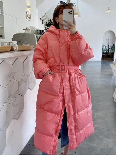 

women's vests heydress women elegant solid hooded parkas female casual pink yellow long warm coats with belt lady 90 white duck down co, Black;white