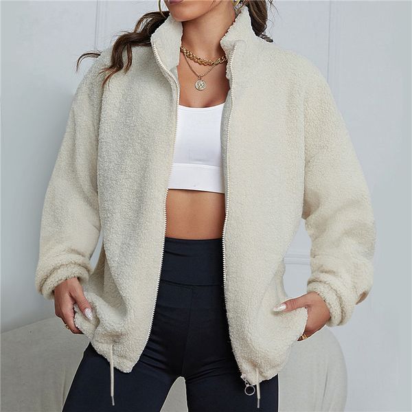 

wo winter women's coral polar fleece jacket women outdoor warmth padded zip-up plush sweatshirt female high collar coat 221129, Black;brown