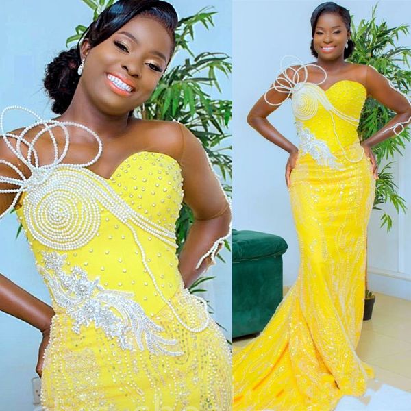 

2022 arabic aso ebi mermaid yellow prom dresses beaded pearls evening formal party second reception birthday engagement gowns dress zj111, Black