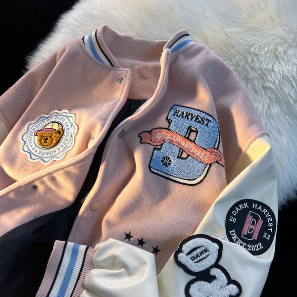 

wo american retro letter embroidery jacket jackets coats women's 202 street trend all-match baseball uniform couple loose top, Black;brown