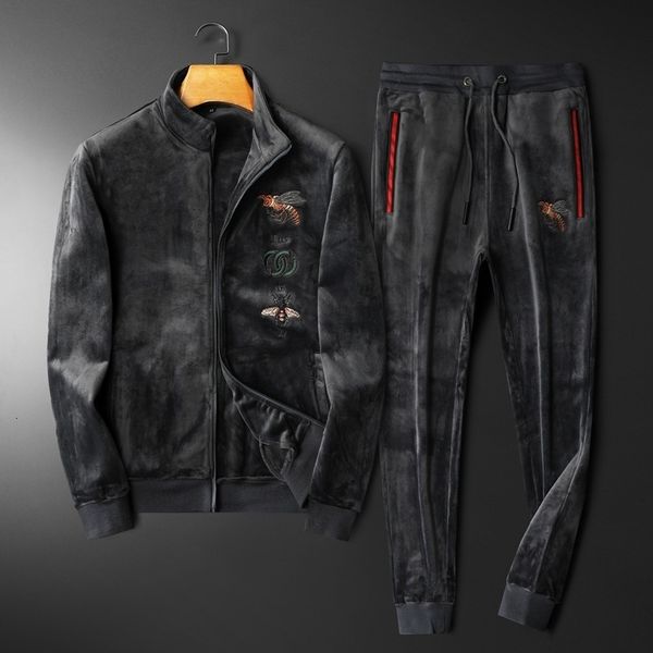 

men's tracksuits men clothing winter fashion slim embroidery coats men's casual warm velvet sports casual tracksuits men 221129, Gray
