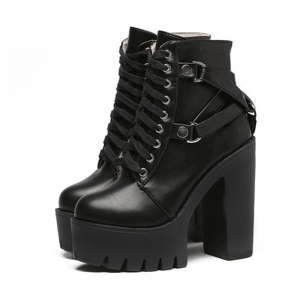 

fashion black boots women heel spring autumn laceup soft leather platform shoes woman party ankle boots high heels2250255